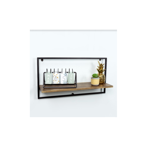 Wide Dark OAK Floating Wall Shelf with Black Frame - PARGI - Image 4