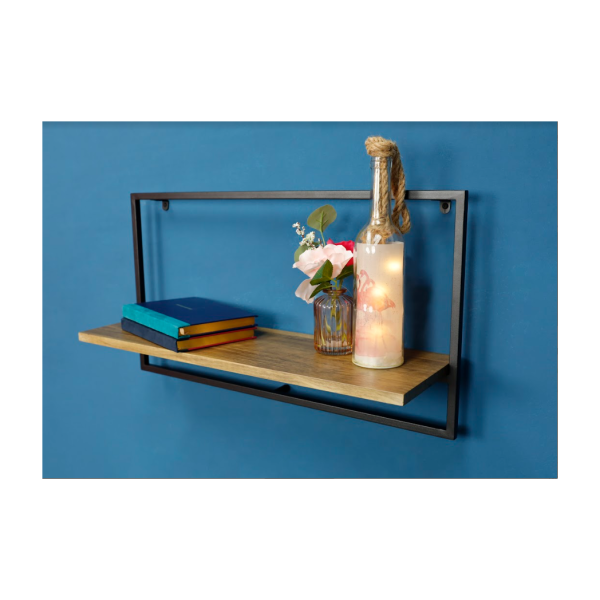 Wide Dark OAK Floating Wall Shelf with Black Frame - PARGI - Image 5