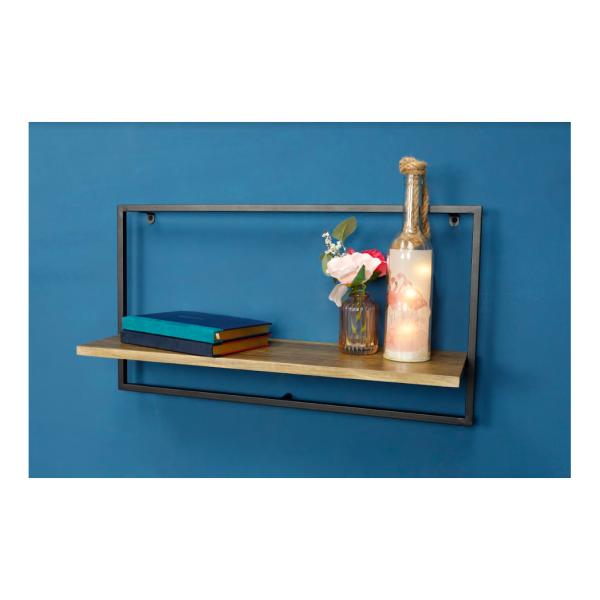 Wide Dark OAK Floating Wall Shelf with Black Frame - PARGI - Image 7