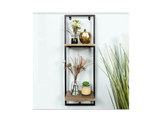 Narrow 2 Tier Dark OAK Floating Wall Shelf with Black Frame - PARGI