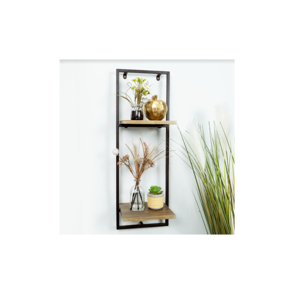 Narrow 2 Tier Dark OAK Floating Wall Shelf with Black Frame - PARGI - Image 2
