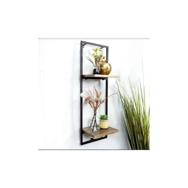 Narrow 2 Tier Dark OAK Floating Wall Shelf with Black Frame - PARGI - Image 4