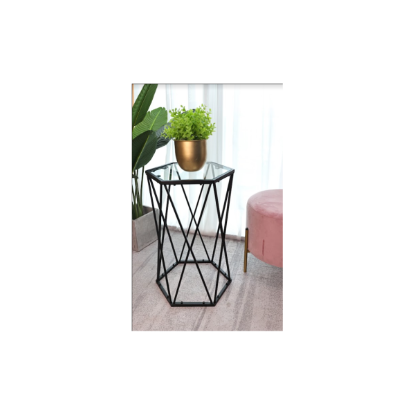 Hexagon Tempered Glass Black Side Table (Small) - SLENDER
