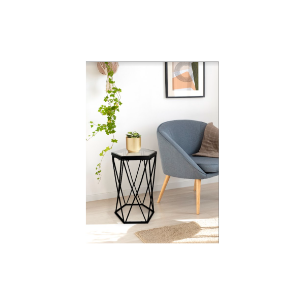 Hexagon Tempered Glass Black Side Table (Small) - SLENDER - Image 2
