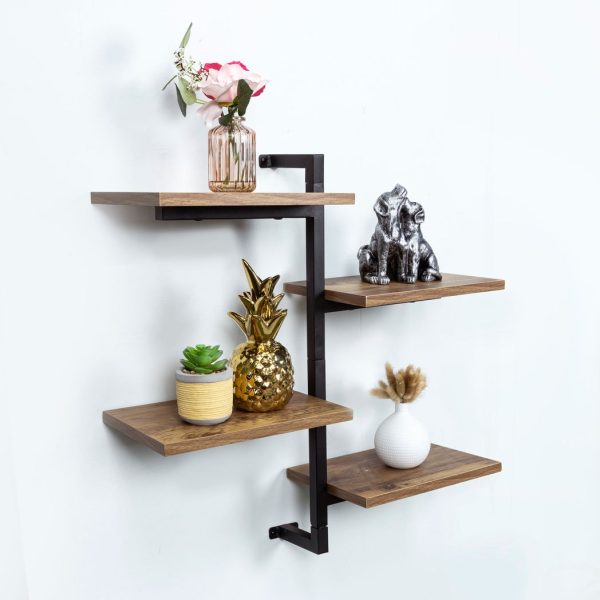 4 Tier Dark OAK Tall Multi Section Wall Shelf with Black Frame - PARGI - Image 2