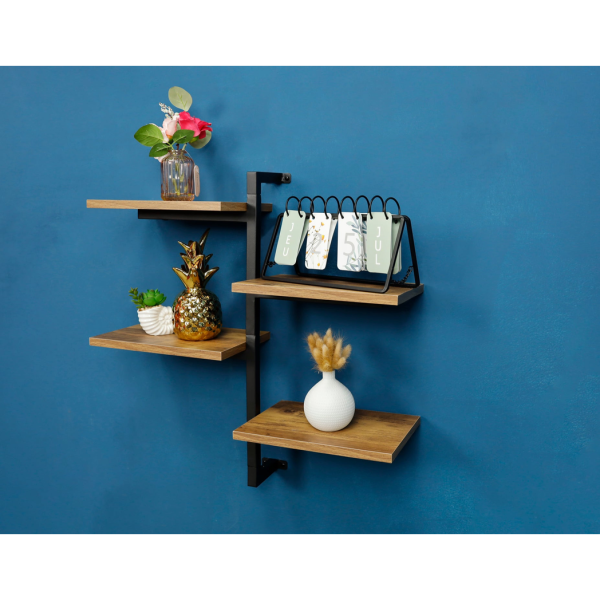 4 Tier Dark OAK Tall Multi Section Wall Shelf with Black Frame - PARGI - Image 5