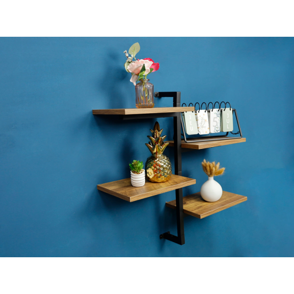 4 Tier Dark OAK Tall Multi Section Wall Shelf with Black Frame - PARGI - Image 6