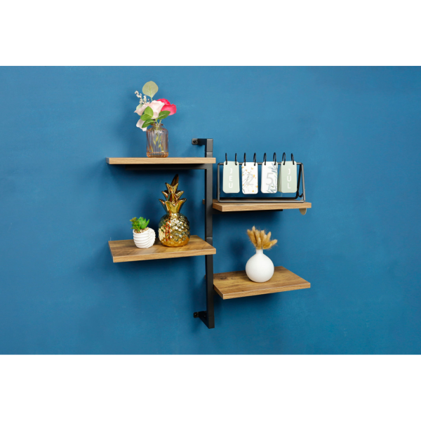4 Tier Dark OAK Tall Multi Section Wall Shelf with Black Frame - PARGI - Image 7