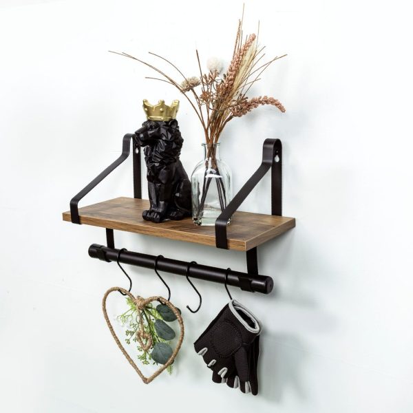 1 Tier Dark Oak Wall Shelf with Black Rail Hanging Frame - PARGI - Image 3
