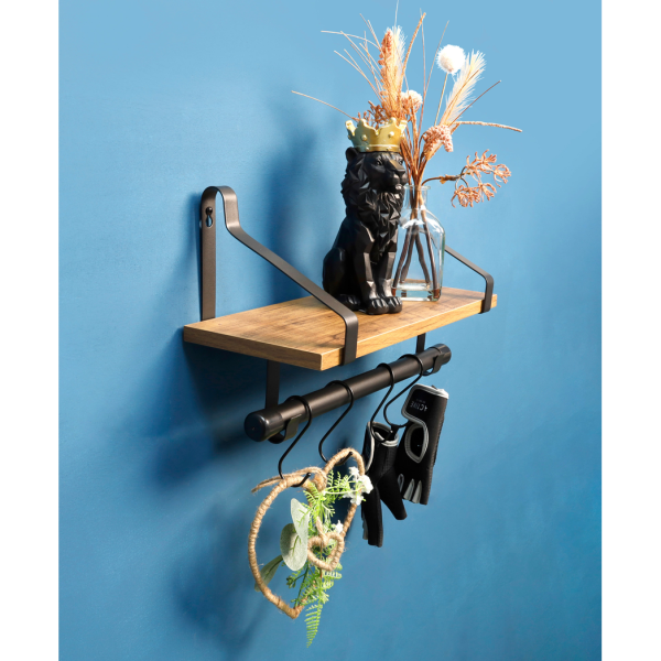1 Tier Dark Oak Wall Shelf with Black Rail Hanging Frame - PARGI - Image 4