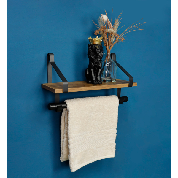 1 Tier Dark Oak Wall Shelf with Black Rail Hanging Frame - PARGI - Image 7