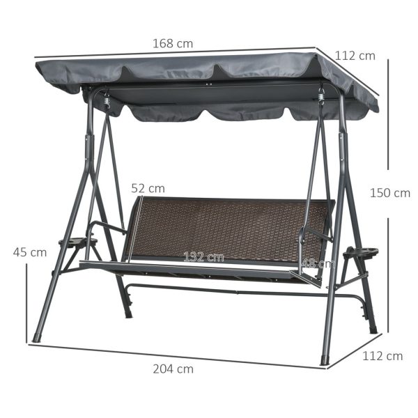 Outsunny 3 Seater Garden Swing Seat Bench with Adjustable Canopy, Rattan Seat - Image 3