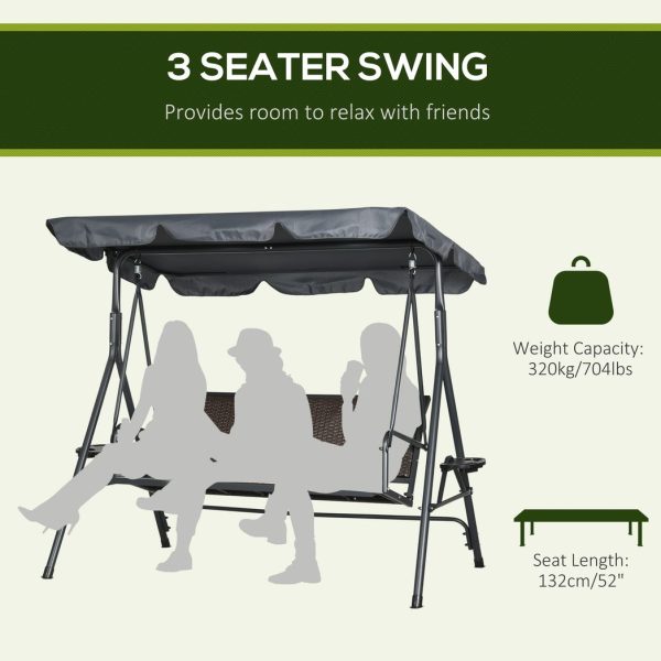 Outsunny 3 Seater Garden Swing Seat Bench with Adjustable Canopy, Rattan Seat - Image 4