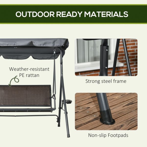 Outsunny 3 Seater Garden Swing Seat Bench with Adjustable Canopy, Rattan Seat - Image 6