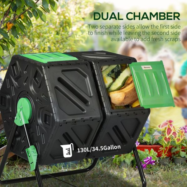 Outsunny 130L Compost Bin Dual Chamber Rotating Composter w/ Ventilation Holes - Image 4