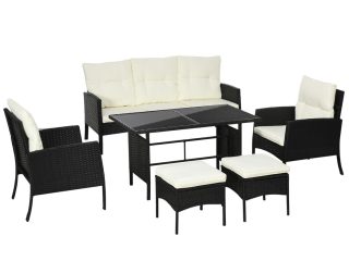 Outsunny Rattan Garden Furniture Sofa Set, 2 Armchairs 2 Footstools Table White