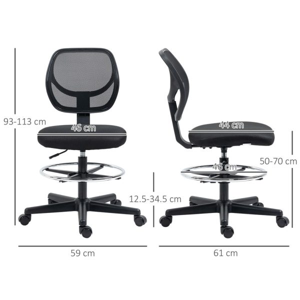 Vinsetto Draughtsman Chair Tall Office Chair w/ Adjustable Footrest Ring Black - Image 3