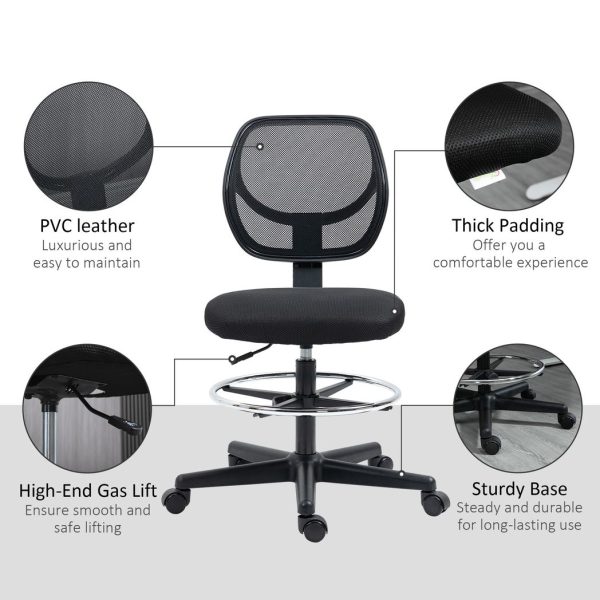 Vinsetto Draughtsman Chair Tall Office Chair w/ Adjustable Footrest Ring Black - Image 8