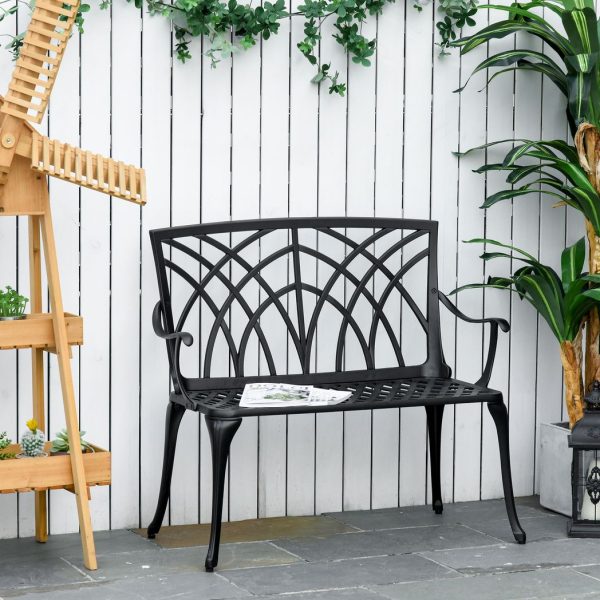 Outsunny 2-Seater Cast Aluminium Garden Bench Loveseat Ergonomic Armrest - Image 2