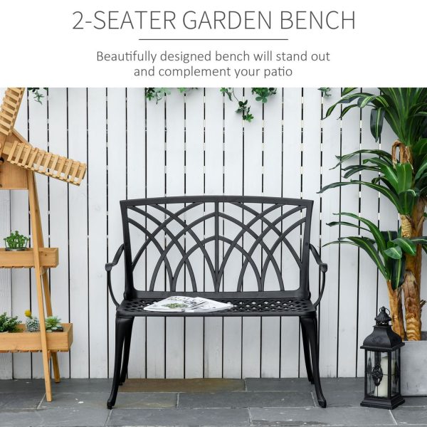 Outsunny 2-Seater Cast Aluminium Garden Bench Loveseat Ergonomic Armrest - Image 4