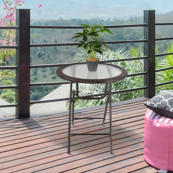 Outsunny Folding Round Tempered Glass Metal Table with Brown Rattan Edging - Image 2