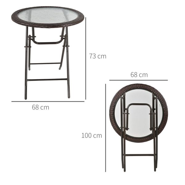 Outsunny Folding Round Tempered Glass Metal Table with Brown Rattan Edging - Image 3