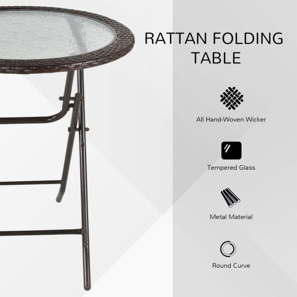 Outsunny Folding Round Tempered Glass Metal Table with Brown Rattan Edging - Image 4