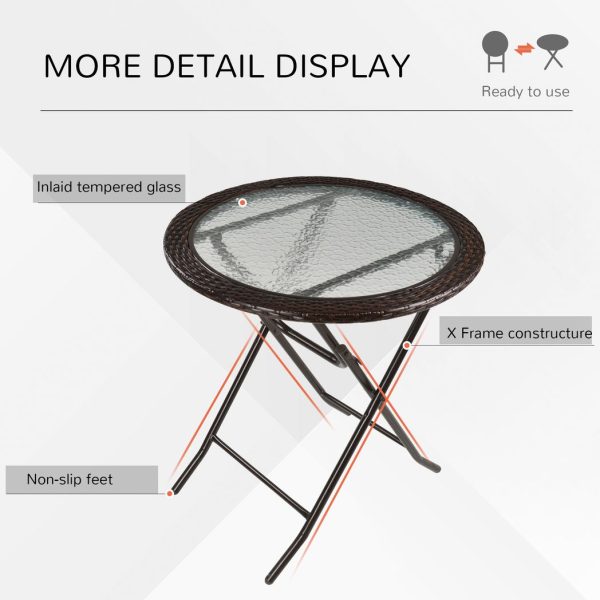Outsunny Folding Round Tempered Glass Metal Table with Brown Rattan Edging - Image 5
