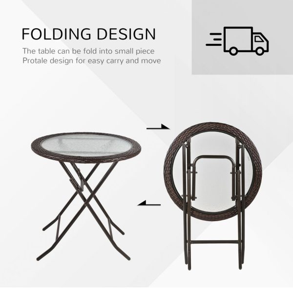 Outsunny Folding Round Tempered Glass Metal Table with Brown Rattan Edging - Image 6