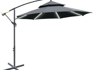 Outsunny 3(m) Cantilever Parasol Hanging Banana Umbrella w/ lights, Black