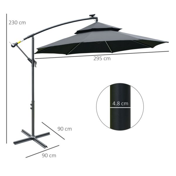 Outsunny 3(m) Cantilever Parasol Hanging Banana Umbrella w/ lights, Black - Image 3