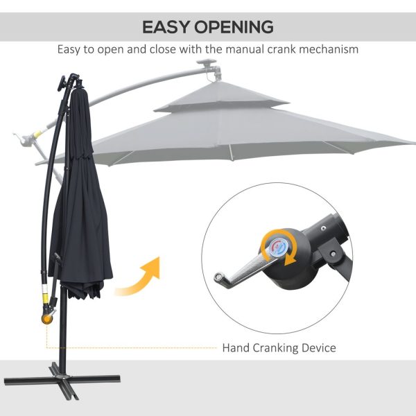Outsunny 3(m) Cantilever Parasol Hanging Banana Umbrella w/ lights, Black - Image 5