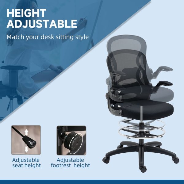 Vinsetto Draughtsman Chair Tall Office Chair w/ Adjustable Footrest Ring Black - Image 3