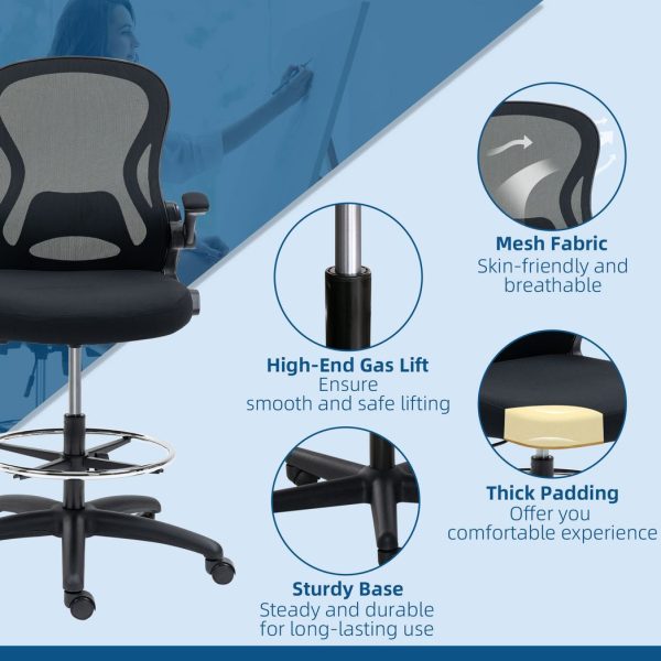Vinsetto Draughtsman Chair Tall Office Chair w/ Adjustable Footrest Ring Black - Image 8
