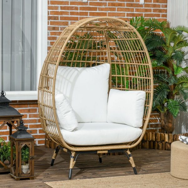 Outsunny Round PE Rattan Outdoor Egg Chair w/ Padded Cushions for Garden, Khaki - Image 2