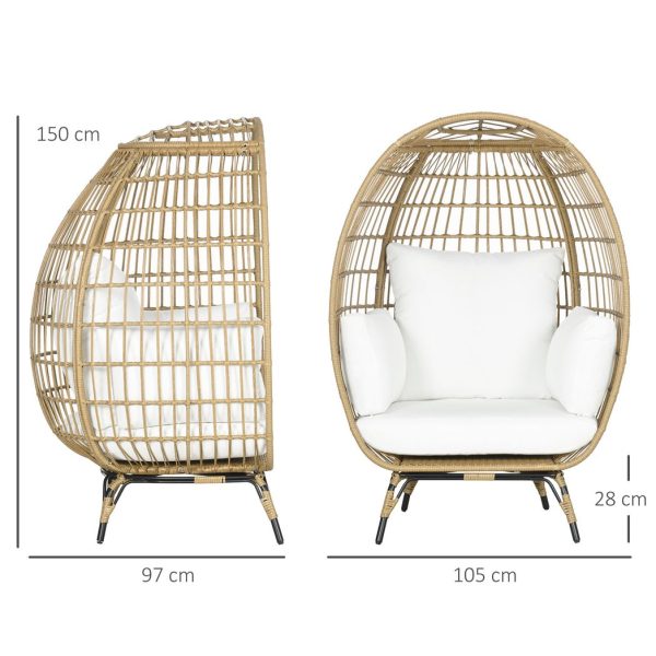 Outsunny Round PE Rattan Outdoor Egg Chair w/ Padded Cushions for Garden, Khaki - Image 3