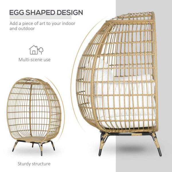 Outsunny Round PE Rattan Outdoor Egg Chair w/ Padded Cushions for Garden, Khaki - Image 5
