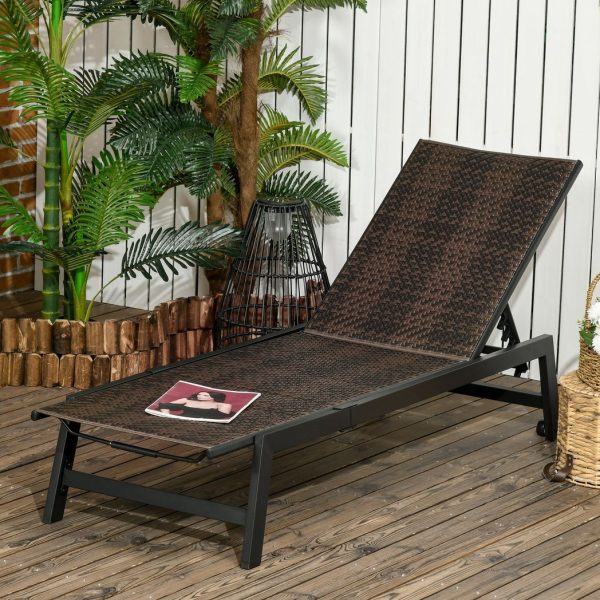 Outsunny Outdoor PE Rattan Sun Loungers w/ 5-Position Backrest & Wheels, Brown - Image 2