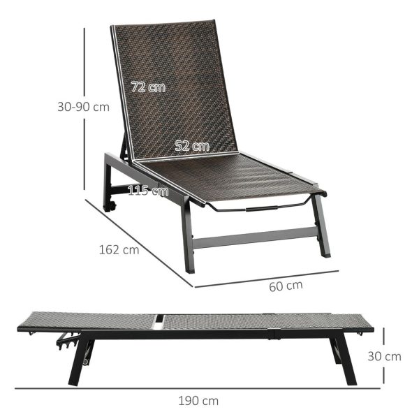 Outsunny Outdoor PE Rattan Sun Loungers w/ 5-Position Backrest & Wheels, Brown - Image 3