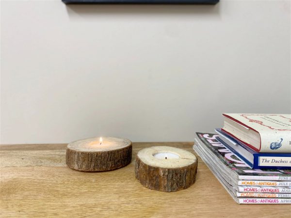 Set of Two Wooden Tealight Holders with Bark Detail - Image 2