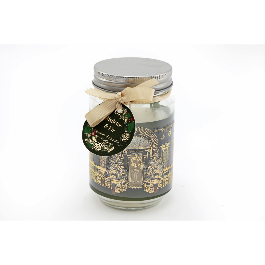Christmas Traditional House Candle Jar Gold & Green