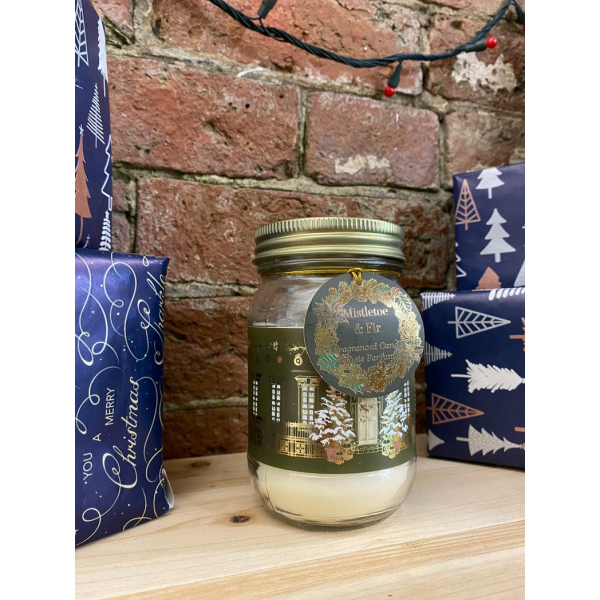Christmas Traditional House Candle Jar Gold & Green - Image 2