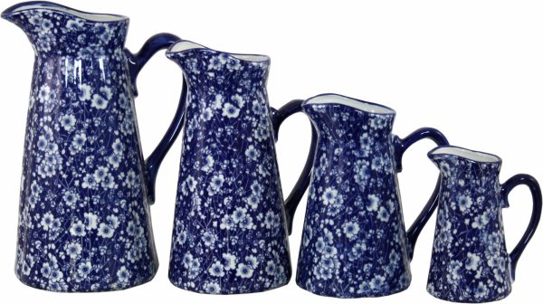 Set of 4 Ceramic Jugs, Vintage Blue & White Daisies Design - Image 2
