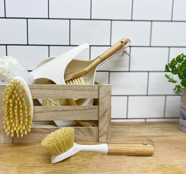 Cream Washing Up Brush with Bamboo Wooden Handle - Image 3