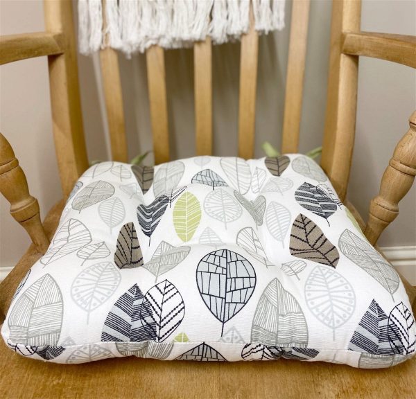 Fabric Seat Pad With Ties In Contemporary Green Leaf Print Design 36cm - Image 3