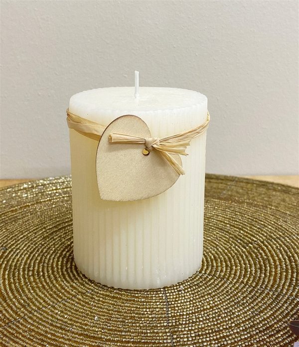 Small Cream Ridged Pillar Candle with Heart Decoration - Image 2