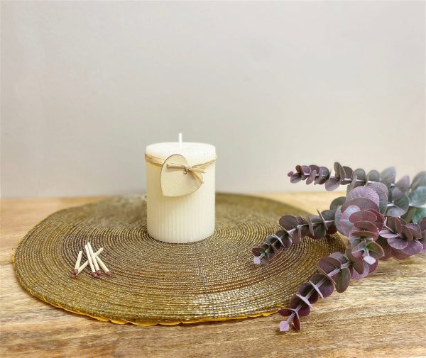 Small Cream Ridged Pillar Candle with Heart Decoration - Image 3