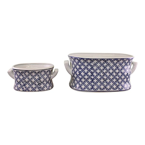 Set of 2 Ceramic Footbath Planters, Vintage Blue & White Geometric Design - Image 3