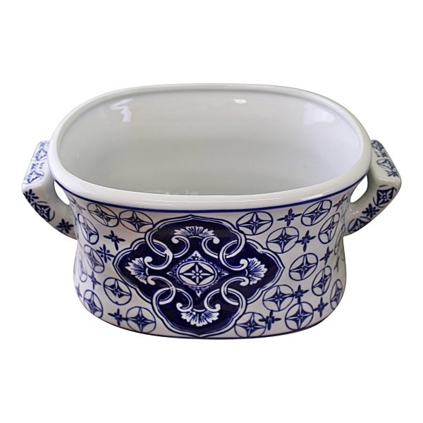 Set of 2 Ceramic Footbath Planters, Vintage Blue & White Circular Design - Image 3