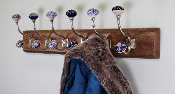 6 Double Ceramic Blue & White Coat Hooks On Wooden Base - Image 2